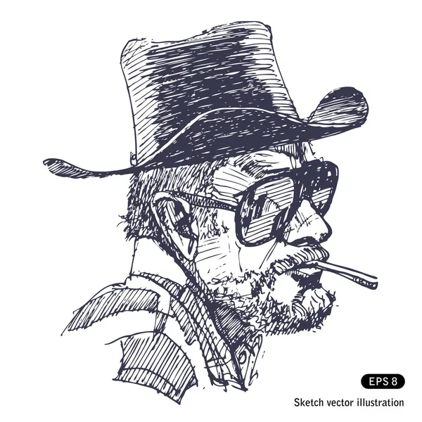 Man met hoed, zonnebril en baard is roken sigaar — Stockvector