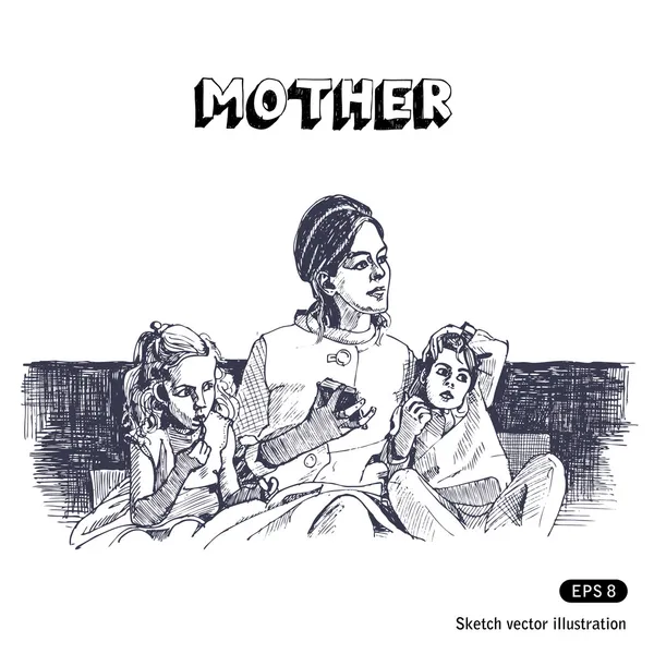 Matka s dvěma dětmi, sedí na pohovce — Stockový vektor