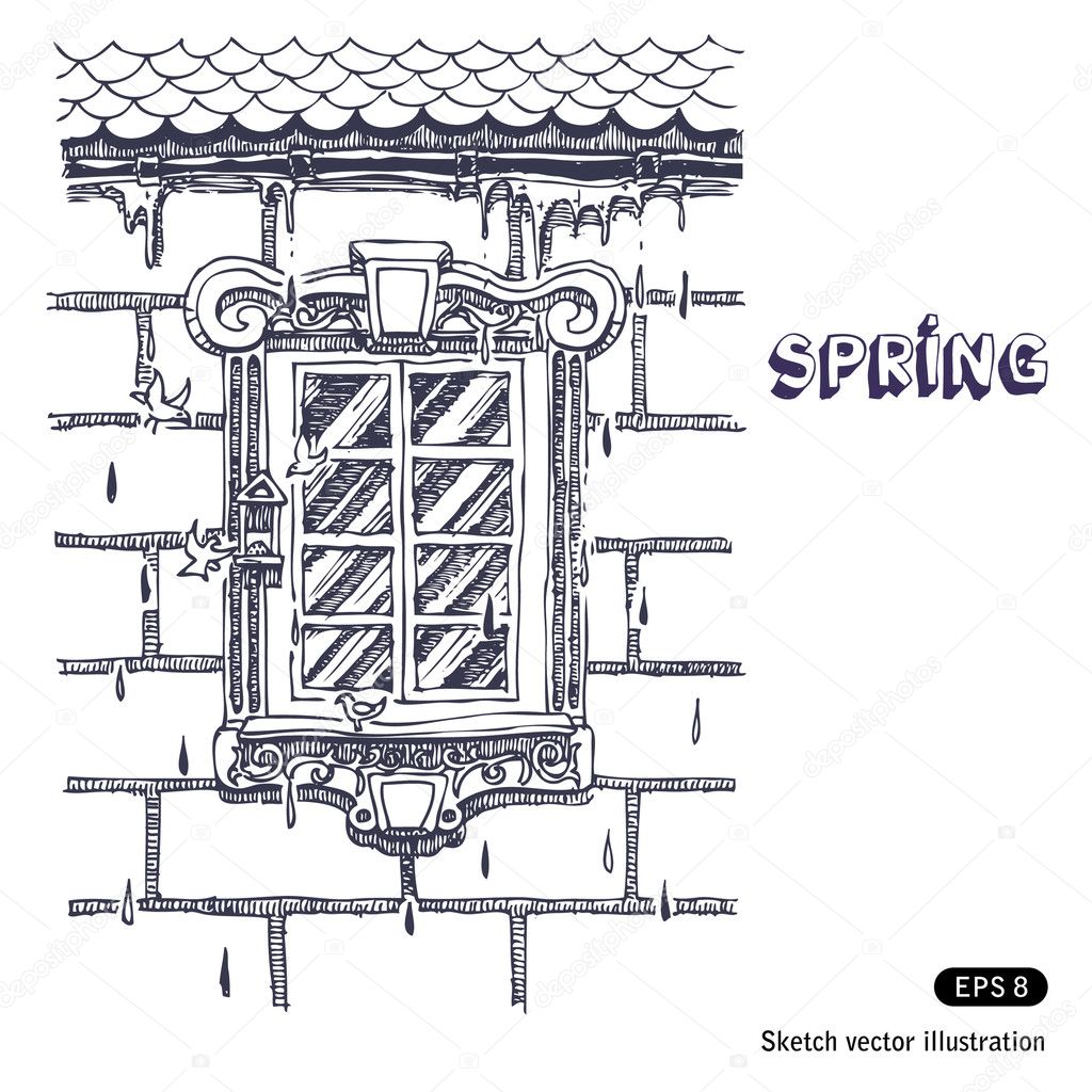 Spring beautiful window on brick wall. With birds and drops — Stock ...