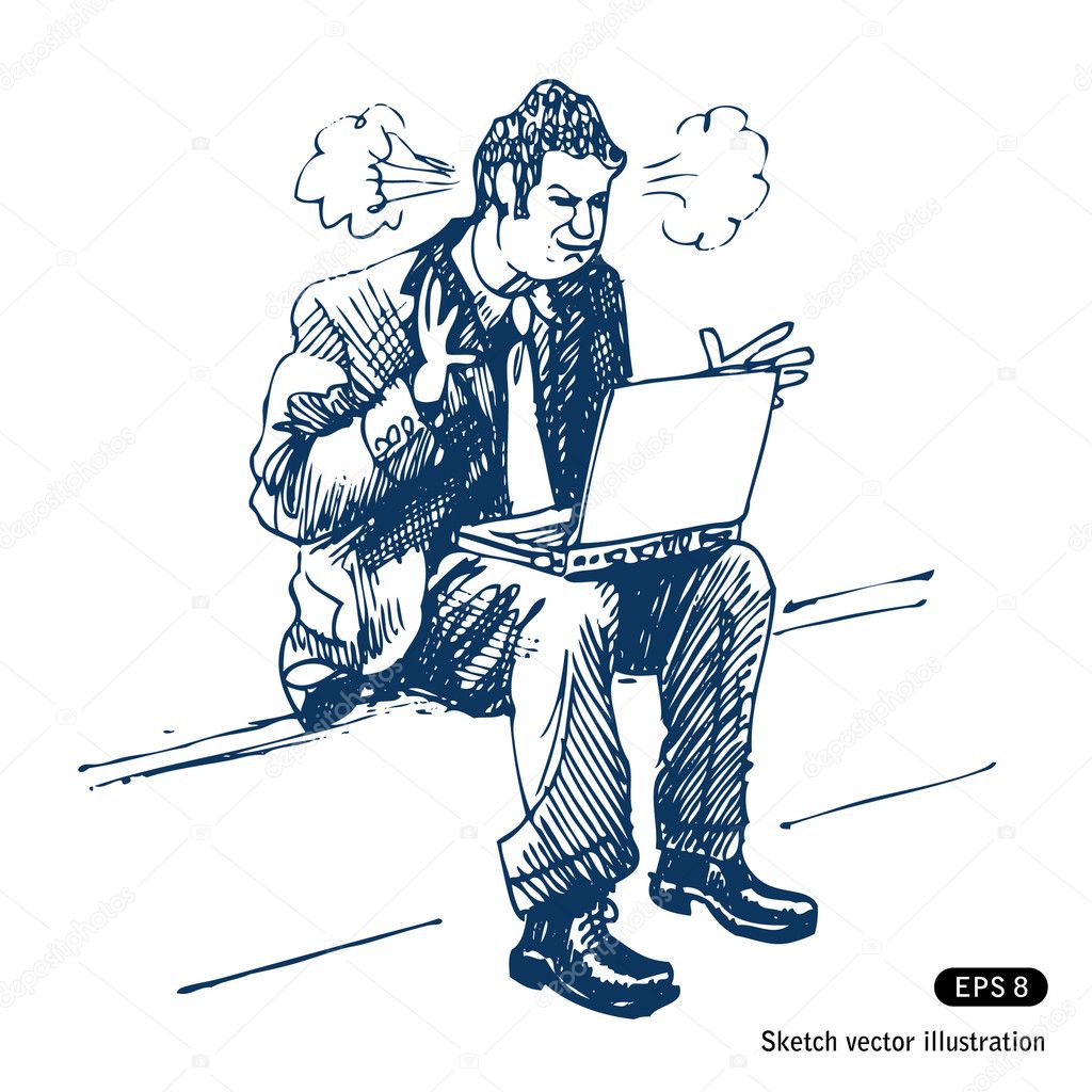 Stressed man sitting on step with laptop