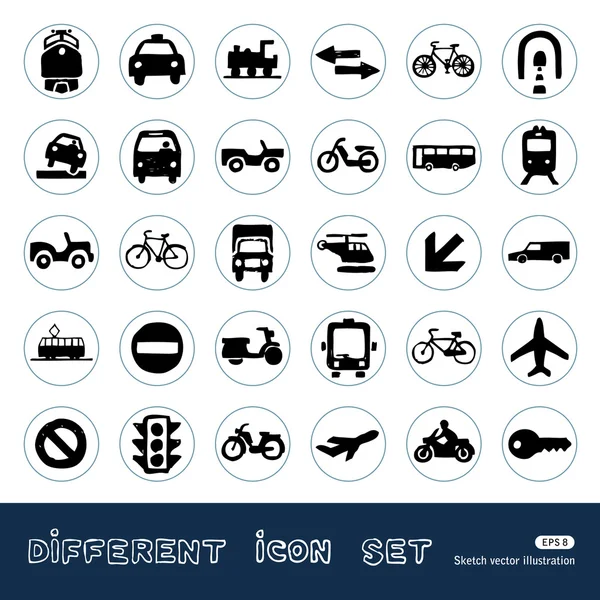Набор иконок транспорта, дорожных знаков и автомобилей — стоковый вектор