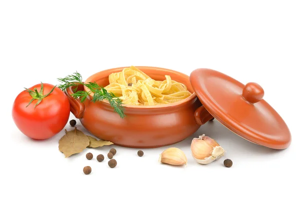 Clay pot with pasta — Stock Photo, Image