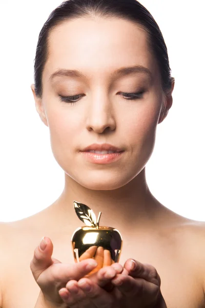 Female with golden apple — Stock Photo, Image