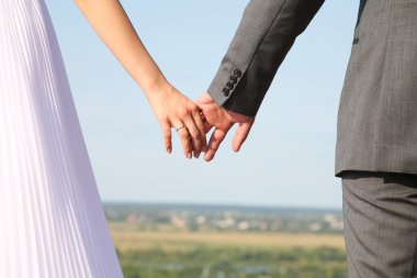 Bride and groom holding each others hands somewhere outside clipart