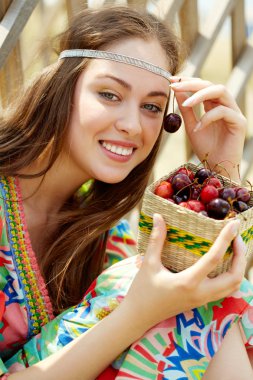 Girl with cherries clipart