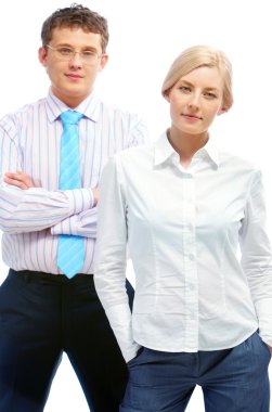 Portrait of successful woman and man standing and looking at camera clipart