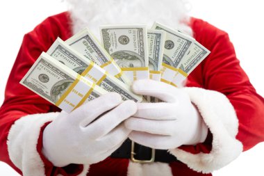 Photo of happy Santa Claus with dollar bills clipart