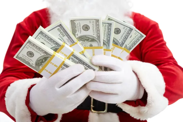 Photo of happy Santa Claus with dollar bills — Stock Photo, Image
