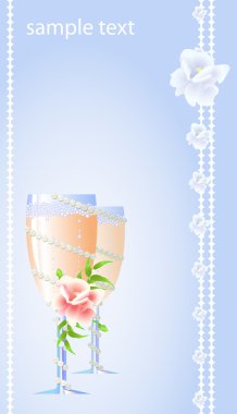 Wedding card of two flute of champagne with flowers clipart