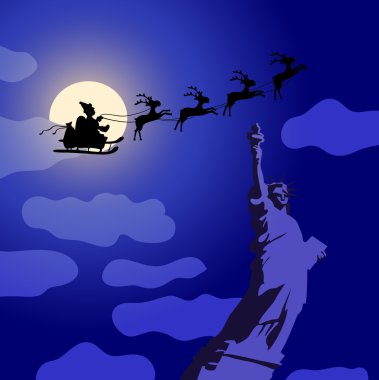 Santa Claus with reindeers flying over America clipart