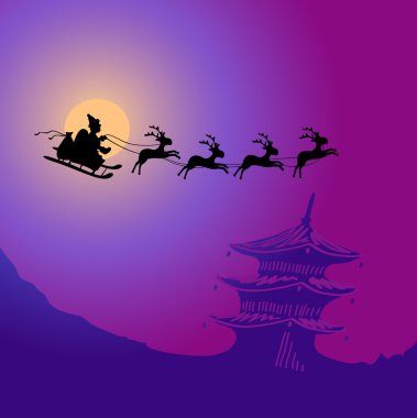 Santa Claus with reindeers flying over China clipart