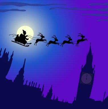 Santa Claus with reindeers flying over England clipart