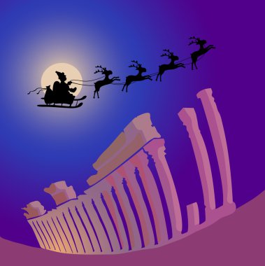 Santa Claus with reindeers flying over Greece clipart