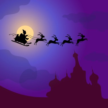 Santa Claus with reindeers flying over Russia clipart