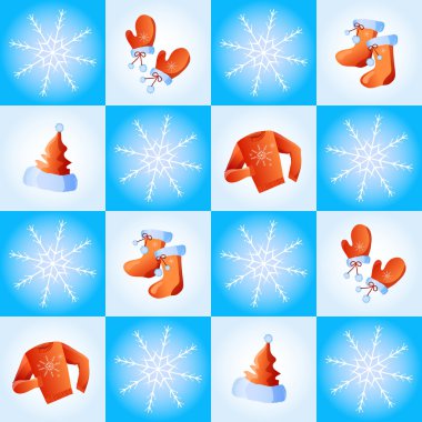 Seamless with snowflakes and festive winter clothes clipart