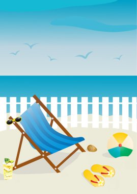 güneş gözlüğü ve topu, parmak arası terlik, kum üzerinde kokteyl ile plaj sandalyesi
