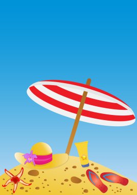 Umbrella, hat, flip-flops, cream, starfish on sand over sky clipart