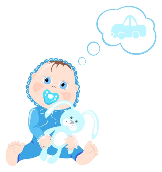 Illustrazione vettoriale del bambino che tiene il coniglio e pensa all'auto — Vettoriale Stock