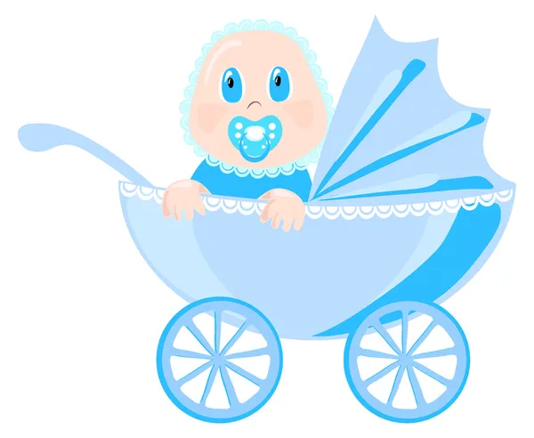 Baby in blauw slijtage zit in de kinderwagen, vectorillustratie — Stockvector