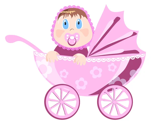 Vector illustration of baby in pink wear sitting in carriage — Stock Vector