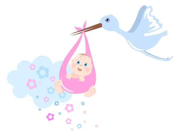 Cegonha traz bebê, ilustração vetorial —  Vetores de Stock