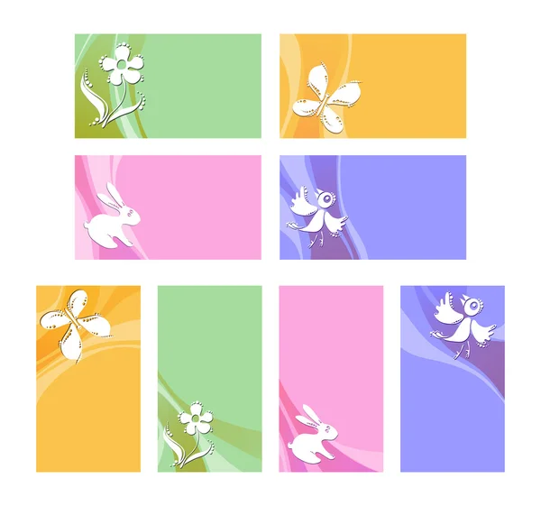Vektoros illusztráció: névkártyák, pillangó, virág, madár, nyuszi — Stock Vector
