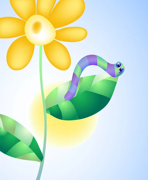 Vector illustration of caterpillar on a flower on the background of sky and sun — Stock Vector