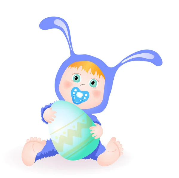 A little baby boy in bunny dress holding an egg — Stock Vector