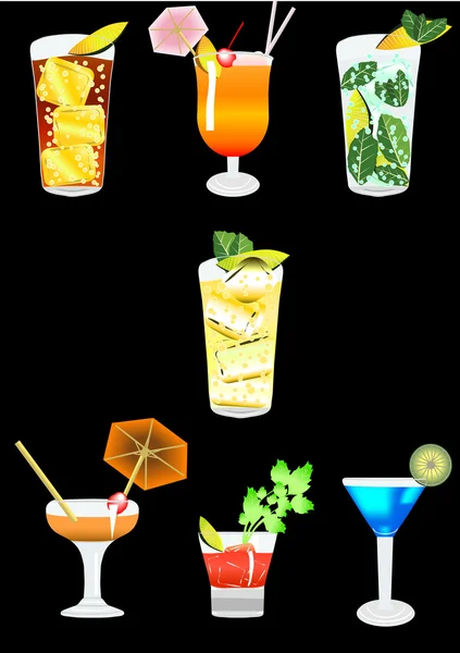 Collectie van alcoholhoudende cocktails op een zwarte achtergrond — Stockvector