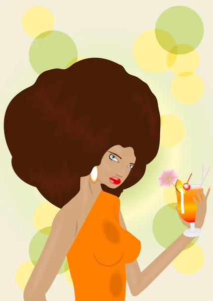 Bella donna in abito arancione tiene cocktail — Vettoriale Stock