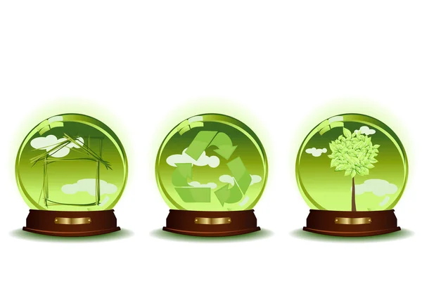 Trzy zielone kulki, dom, recykling, drzewo — Wektor stockowy