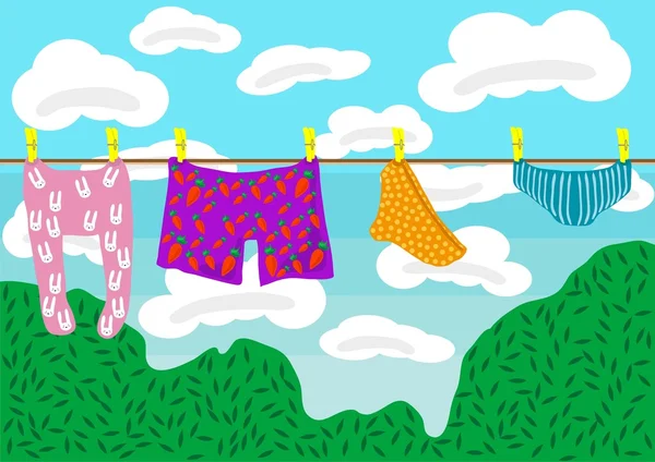 Tiszta ruhákat száradás szabadtéri — Stock Vector