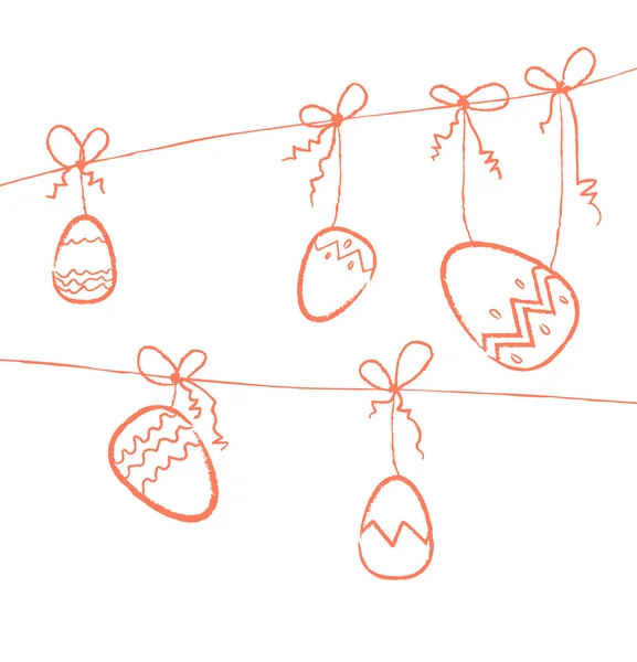 Flera röda ägg hängande på trådar — Stock vektor