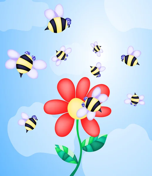 Abelhas voando perto da flor — Vetor de Stock