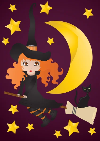 Witch met zwarte kat op de bezem — Stockvector