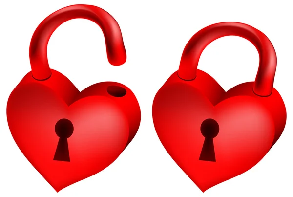 Duas fechaduras vermelhas em forma de coração — Vetor de Stock