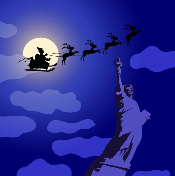 Père Noël avec des rennes survolant l'Amérique — Image vectorielle