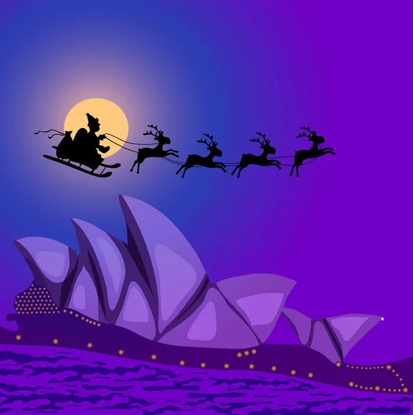 Άγιος Βασίλης με ταράνδους που πετούν πάνω από την Αυστραλία — Διανυσματικό Αρχείο