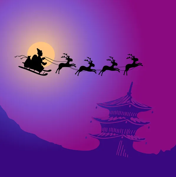 Weihnachtsmann mit Rentieren, die über China fliegen — Stockvektor