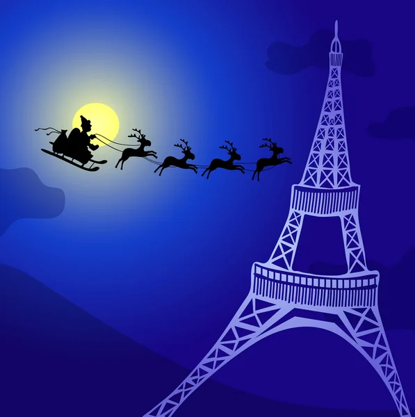 Санта-Клаус с оленями, пролетающими над Францией — стоковый вектор