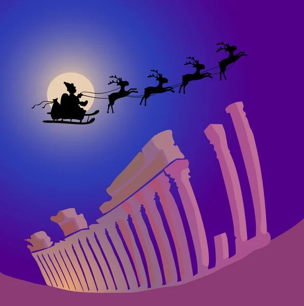 Άγιος Βασίλης με ταράνδους που πετούν πάνω από την Ελλάδα — Διανυσματικό Αρχείο