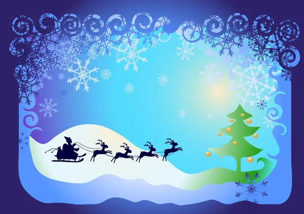 Santa claus in sled met rendieren en kerstboom met ballen — Stockvector