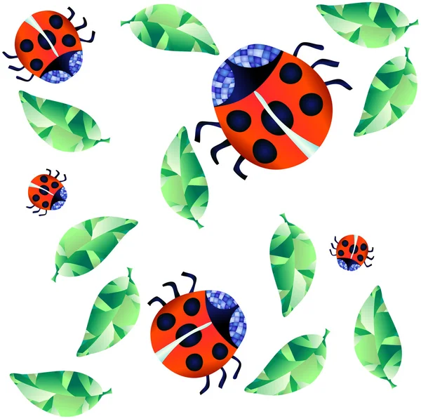 Ladybirds and green leaves — Stock Vector