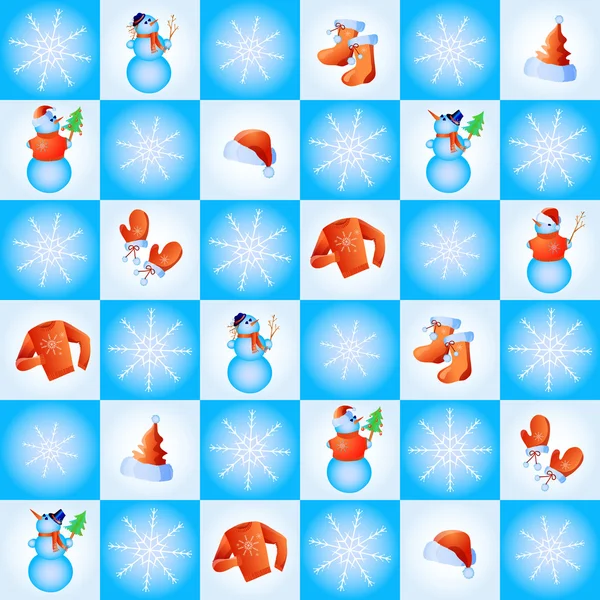 Flocos de neve, bonecos de neve, chapéus de Pai Natal e roupas de inverno em quadrados azuis — Vetor de Stock