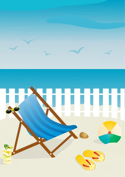Пляжний стілець з сонцезахисними окулярами та м'ячем, фліп-флопс, коктейль на піску — стоковий вектор