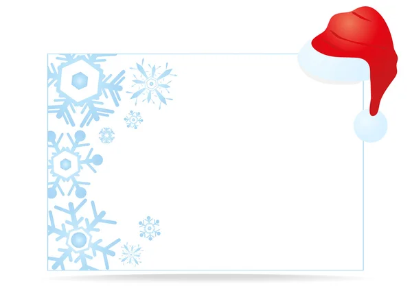 Kort med blå snöflingor och jultomten cap — Stock vektor