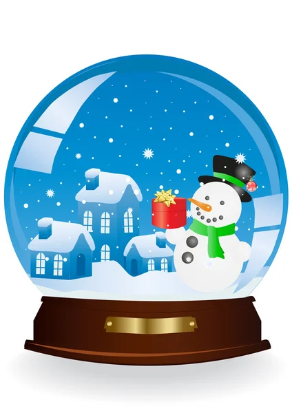 Case di Natale e pupazzo di neve in una sfera — Vettoriale Stock
