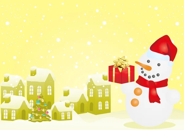 Christmas houses and snowman — Stock Vector