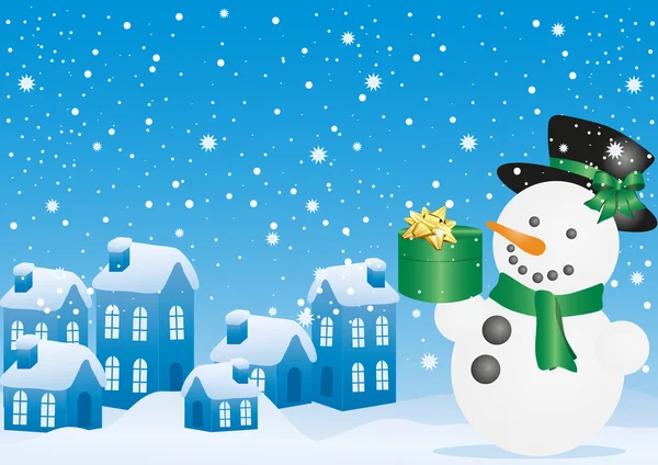 Pupazzo di neve di Natale con regalo — Vettoriale Stock