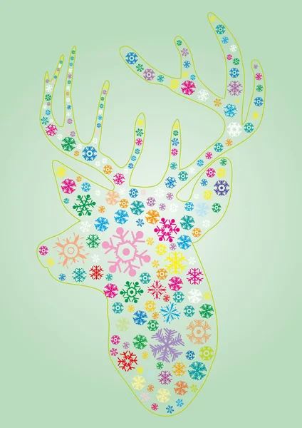 Head of deer with snowflakes on a green background — Stock Vector